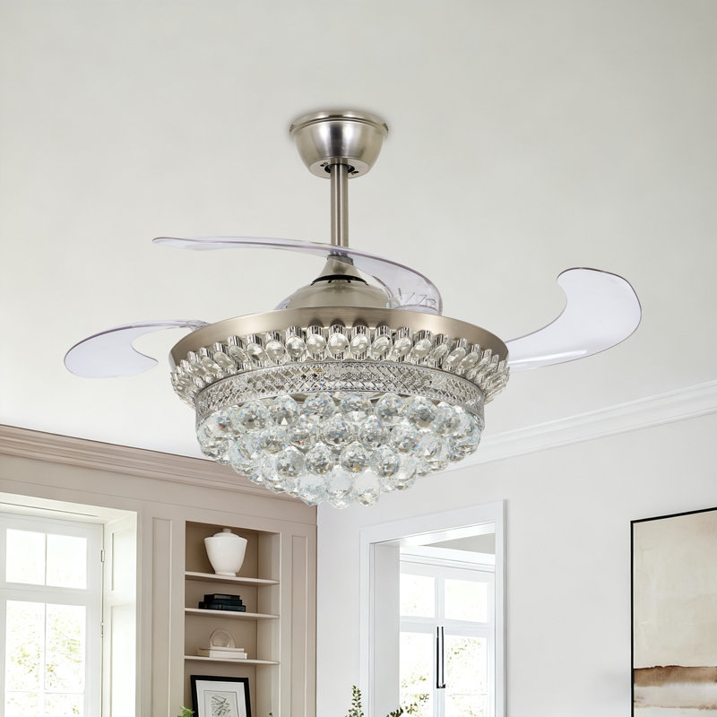 42 Inch Silver Crystal Ceiling Fan Light European Style Iron Fan Light Three-color Lighting With Remote Control