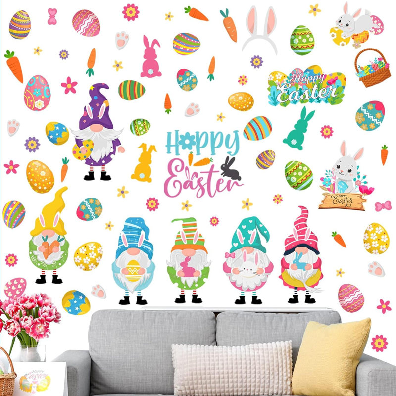 122 pièces autocollants muraux de Pâques gnome de Pâques autocollants muraux décoration de fenêtre de Pâques œuf lapin carotte décalcomanies murales pour chambre à coucher salon salle de bain décor de fenêtre
