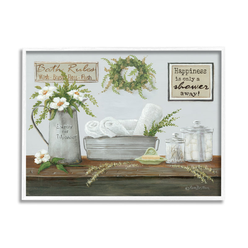 «Farmhouse Bathroom Counter Still Life Motivation», encadré sur fond blanc, H 11 po x l 14 po, 11 x 14