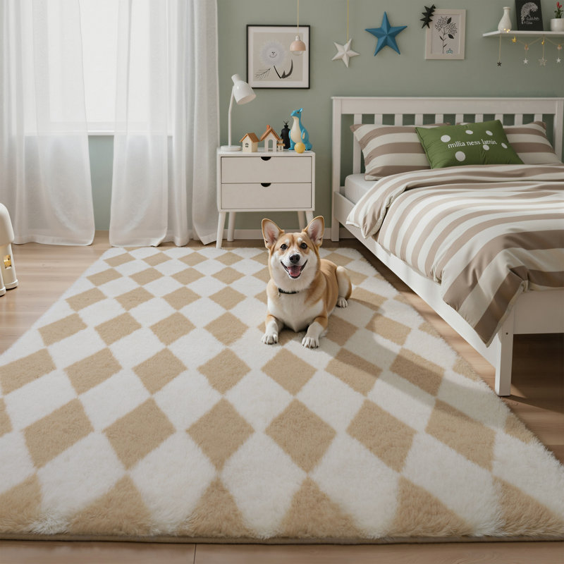 Tapis à poils longs antidérapant moderne lavable à la machine, Ivory,Beige, Rectangle 5' x 7'