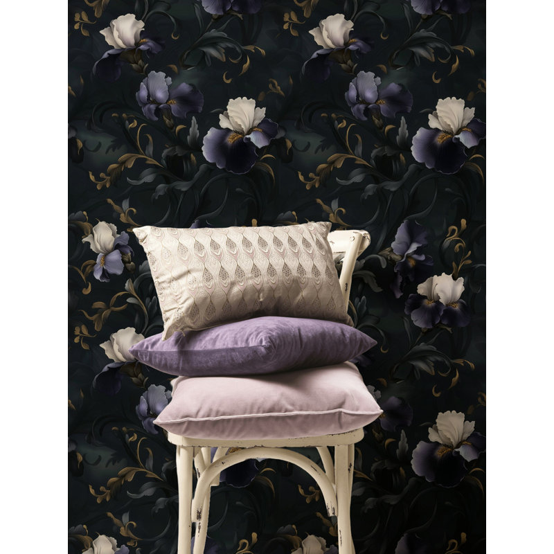 Papier peint iris mauve foncé et ivoire | Adhésif mural floral spectaculaire avec des accents dorés