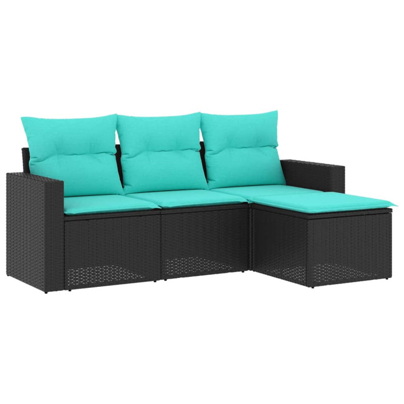 Ebern Designs 4 Piece Patio Sofa Set With Cushions Black Poly Rattan, Teal Cushion/ Black Frame
