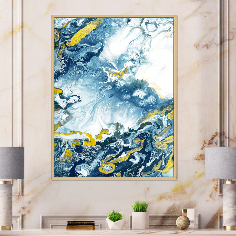 «Blue Yellow Gold Abstract Art liquide I», reproduction sur toile, H 32 po x l 24 po x P 1 po, Cadre flottant en érable