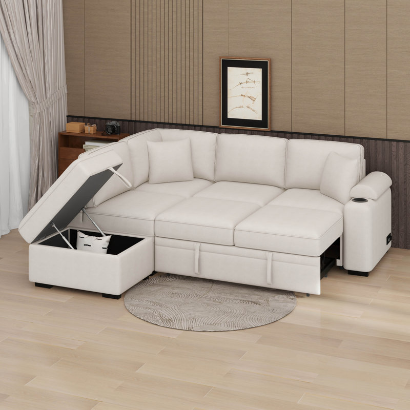 Canapé-lit, canapé-lit escamotable en L avec repose-pieds, Beige