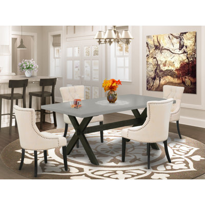5 Piece Kitchen Table Set for 4 Includes a Rectangle Dining Room Table with X-Legs and 4 Light Beige Linen Fabric Upholstered Chairs, Wire brushed Black