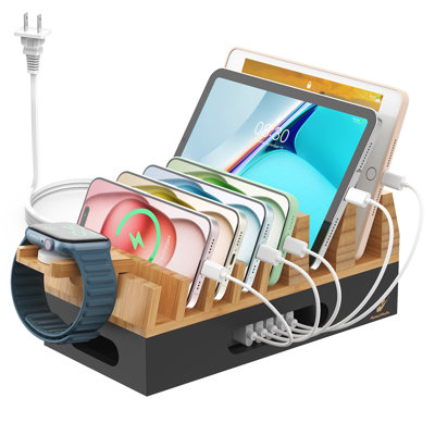 Bamboo Multi-Device Charging Station Organizer for Smartphones, Tablets and Smartwatch, Includes 5-Port USB Hub Adapter, and 5 Charging Cables, Magnetic Structure & Tool-Free Setup, Natural & Black Dual Tone