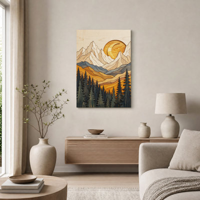 «Layered Wood Mountain Landscape with Pine Trees», art mural sur toile