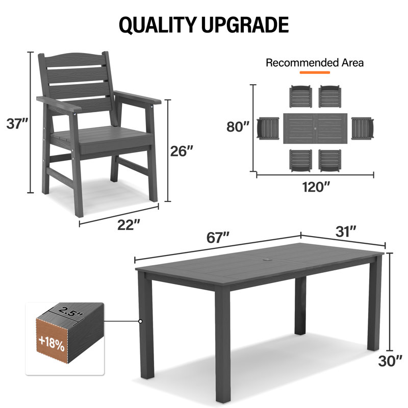 Patio Dining Set for 6 Person All Weather 7 Piece HIPS Outdoor Patio Table and Chairs Set with Umbrella Hole & Aluminum Frame Plastic Outside Furniture for Backyard, Garden, Deck, Poolside, Gray