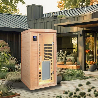 1-Person Hemlock Wood Far-Infrared Indoor Sauna Room with Low EMF Front Door，Natural