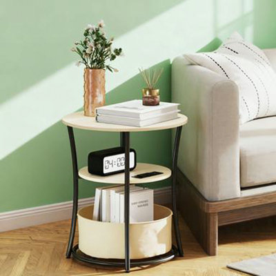 Coffee Table Round Side Table with Charging Station, 3-Tier End Table with Fabric Storage Bag and Shelf Wood