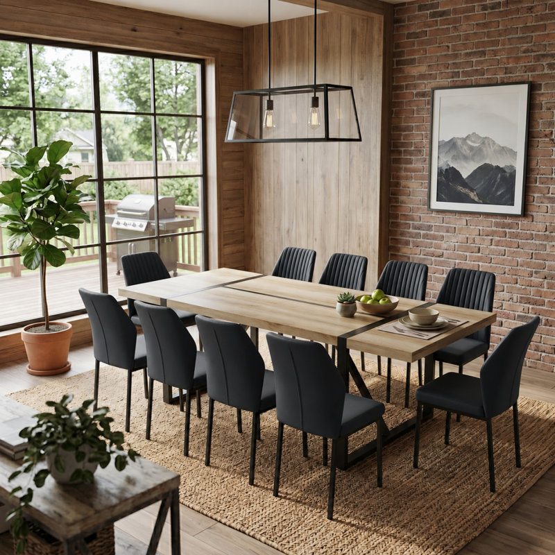 Ensemble de salle à manger 87 po Farmhouse, 11 Pieces: Table, 10 Chairs, Wood, Black