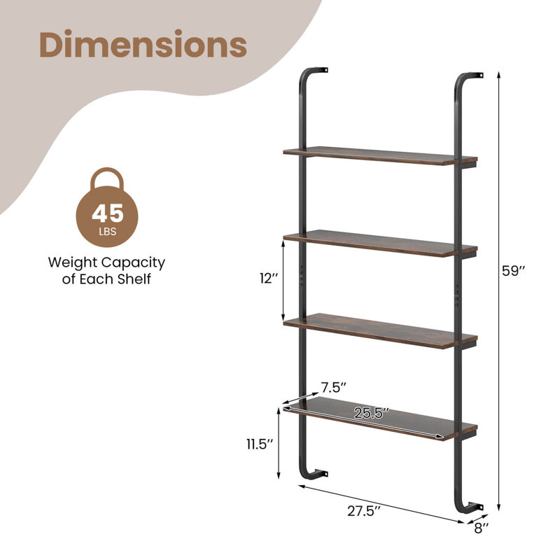 4-tier Wall-mounted Ladder Shelf Display Bookshelf With Heavy-duty Metal Frame, Brown