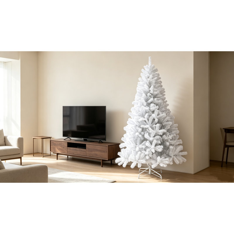 Arbre de Noël artificiel 7,5 pi non éclairé, arbre de Noël articulé à ouverture automatique avec 1346 pointes de branches, base en acier pliable, décor de Noël blanc pour le bureau intérieur