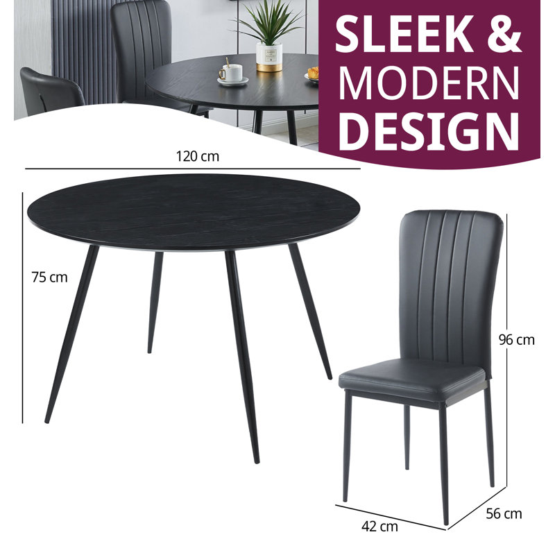 Cullompton Large Round Dining Table 120Cm, Effect Top, With 4 Black Faux Leather High Back Chairs, Black