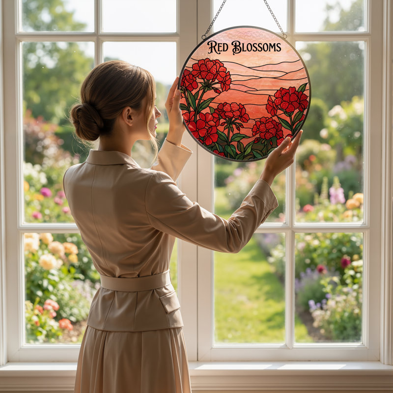 Panneau de vitrail 12 "H Red Blossoms, H 12 po x l 12 po