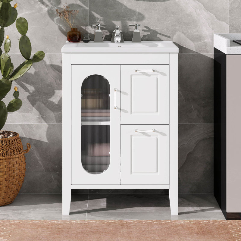 Meuble-lavabo de salle de bain 24 po avec lavabo en céramique, 1 porte en verre, 2 tiroirs à fermeture douce et tablette réglable