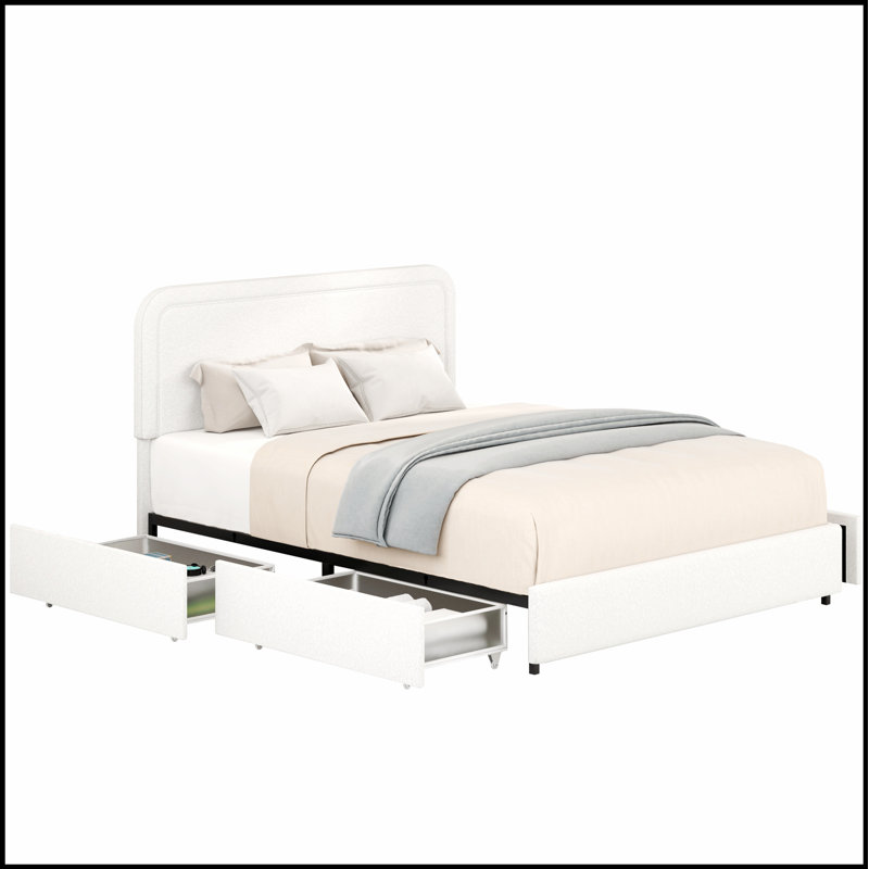 Lit plateforme tapissier ivoire avec rangement breveté à 4 tiroirs, alliant confort et esthétique moderne pour une expérience de sommeil luxueuse.