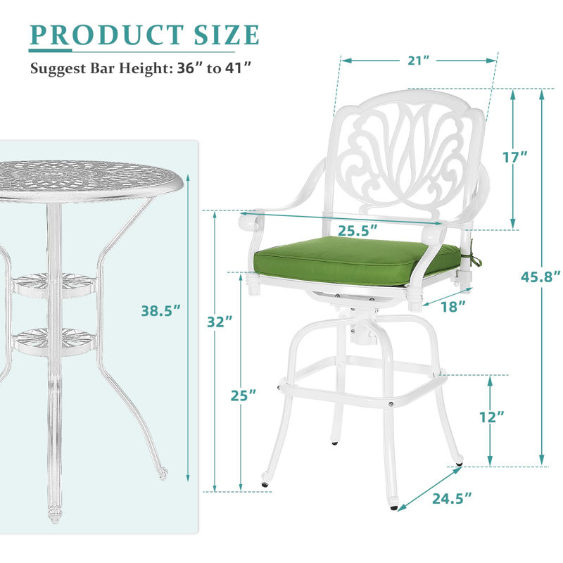 Tabouret de bar 45,8 po avec coussin, Blanc, Vert