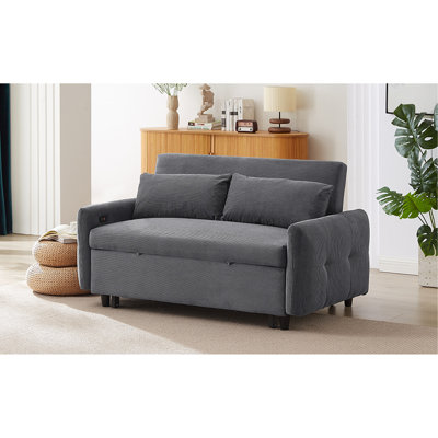 Pull-Out Sofa Bed Convertible Couch 2 Seat Loveseat Sofa Modern Sleeper Sofa With Two Throw Pillows And USB Ports For Living Room