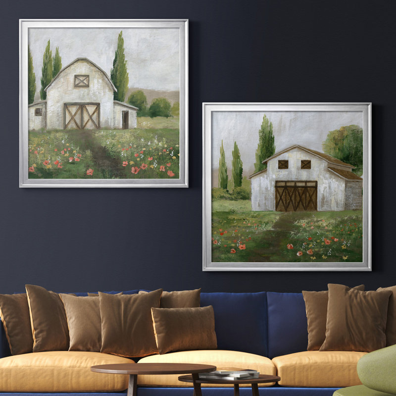 Country Barn I - ensemble de 2 reproductions d'art, H 17,5 po x l 35 po x P 1,5 po, Toile avec cadre argenté, Pas de tapis