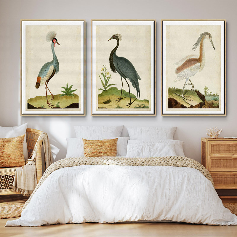 Heron Portrait I, ensemble de 3 toiles encadrées, Cadre en bois naturel, H 40 po x l 78 po