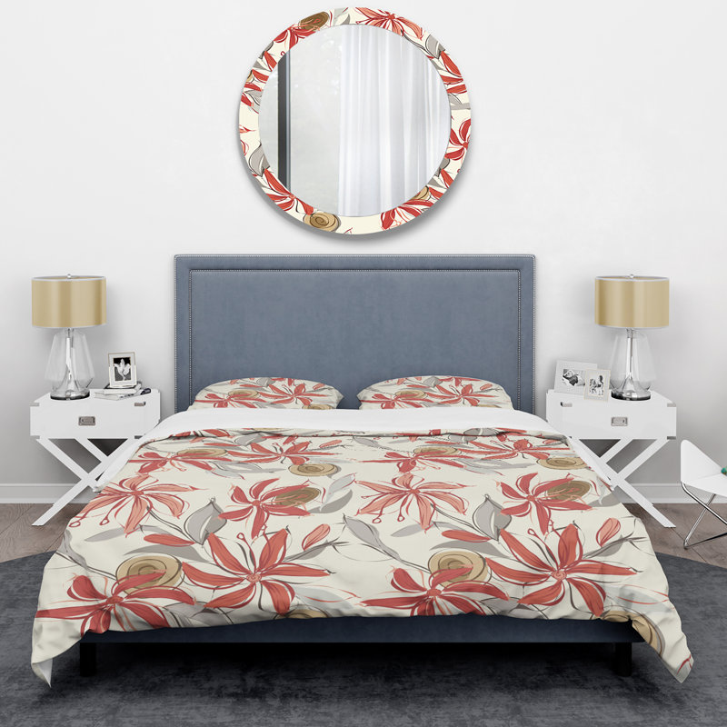 Ensemble de housse de couette Red Flower And Grey Leaf - Cabin & Lodge, Housse de couette pour très grand lit et 2 très