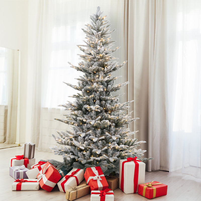 Rustic Snow-Covered Pre-Lit Christmas Trees with Warm Lights & Metal Stand, Sizes from 4.5 ft to 9 ft, 6.5'