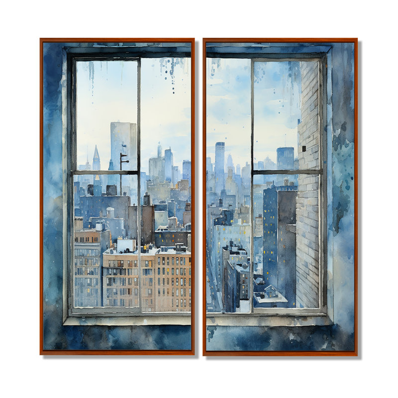 Vue de fenêtre rétro bleu New York I - grand art mural de New York, 2 pièces, 32" H x 32" W, Brown