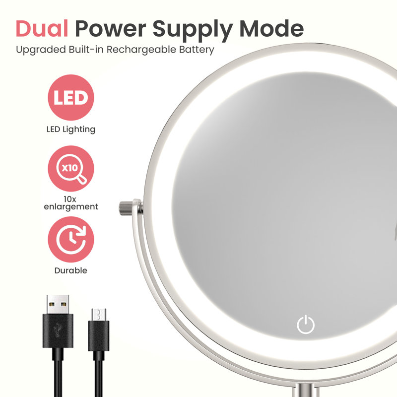 Metal Wall Mounted 8" Led Makeup Mirror With Magnification, 3 Color Led Lights Makeup Mirror, Chrome, 10x