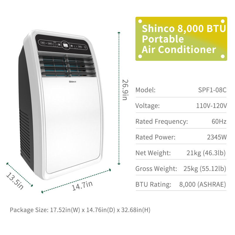 Shinco 8,000 BTU(ASHRAE) Portable Air Conditioner with Remote