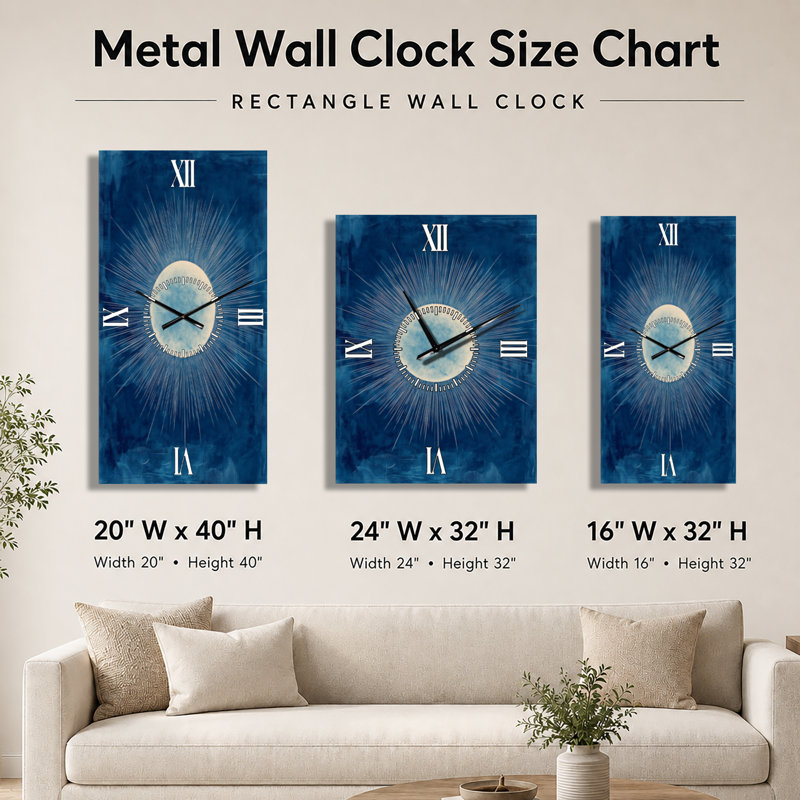 Rayons de soleil en bleu de Prusse II - Grande horloge murale de style milieu du siècle, H 32 po x l 16 po - Rectangle