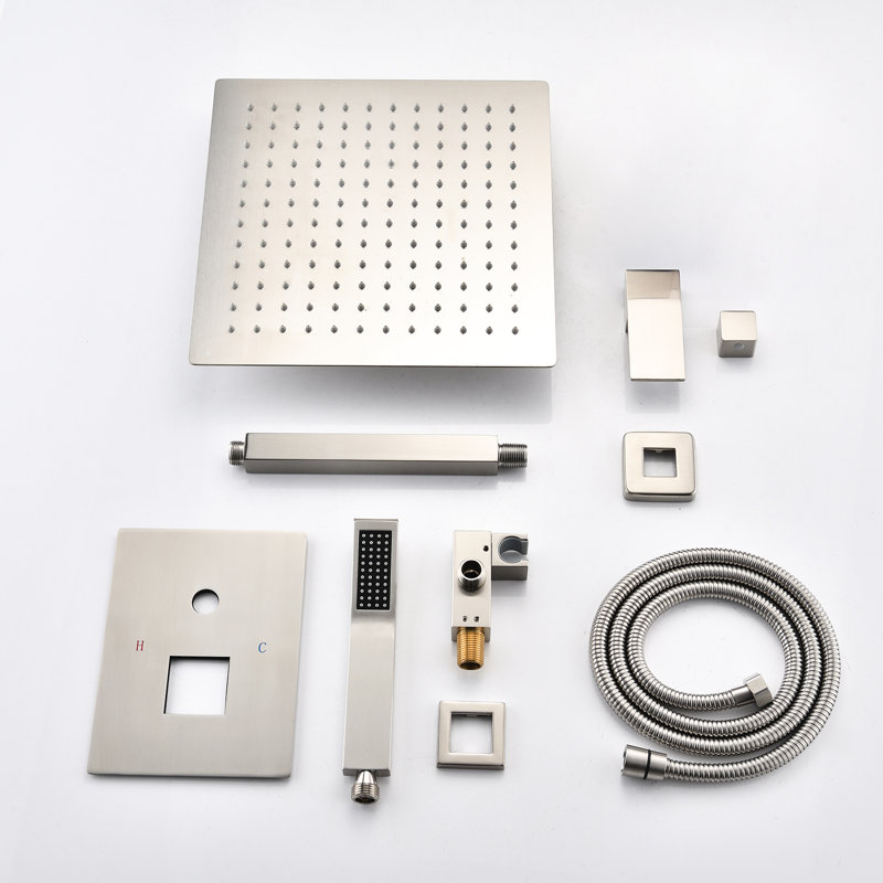 Ceiling Mounted Shower System Kit With Brushed Nickel. 10" Head & Handheld. Natural Rainfall Simulation. Self-Cleaning Nozzle. For Bathroom. Brass. Nickel Mount Assembly Kit. Feeling. Bathroom .