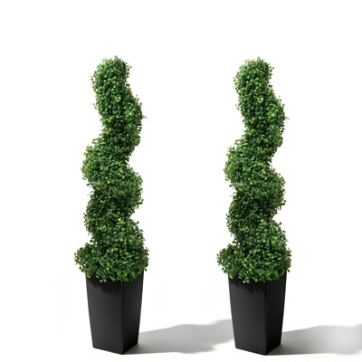 Topiaire de buis artificiel en pot noir (ensemble de 2) - Arbres topiaires en spirale résistants aux UV pour la décoration intérieure