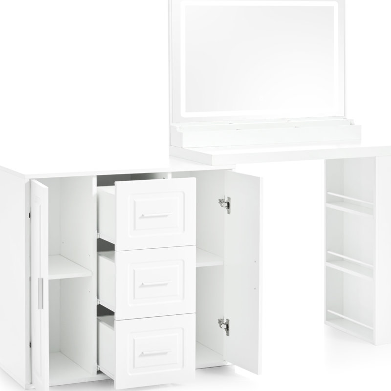 Coiffeuse de maquillage blanche avec miroir, 59 po. 3 tiroirs, 2 armoires, modes, chambre spacieuse, tiroirs de 59 po et blanc. Miroir lumineux, rangement moderne