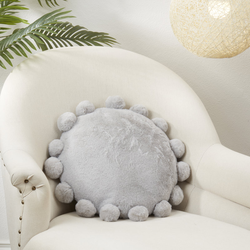 Gray Faux Fur Round Pom Pom Throw Pillow