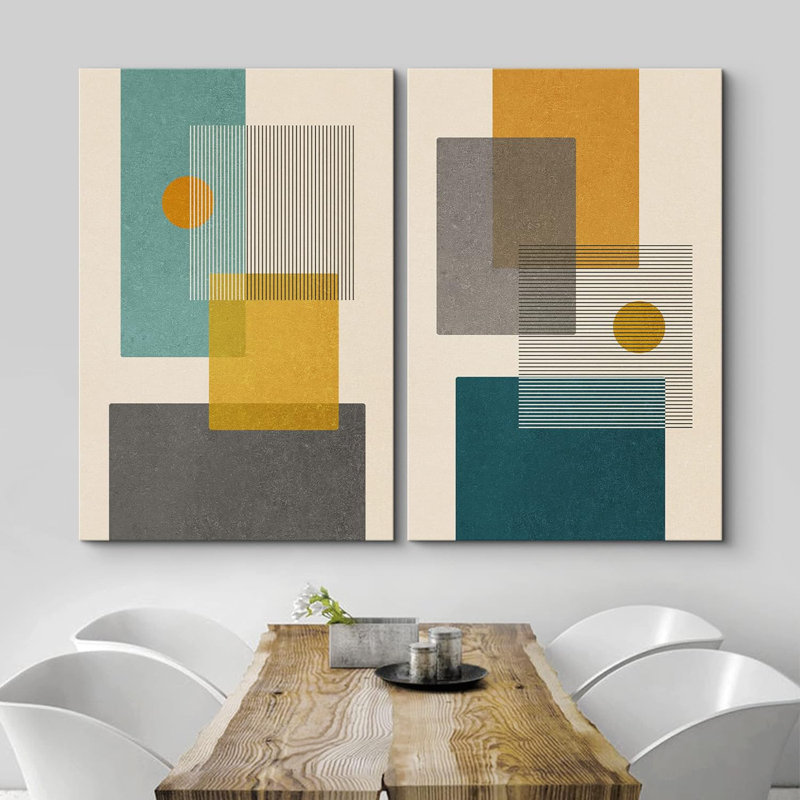 "Abstract Abstract Color Blocks" Mid-Century Green and Yellow Polygon Collage Abstract Formes Modern on Canvas, 2 pièces
