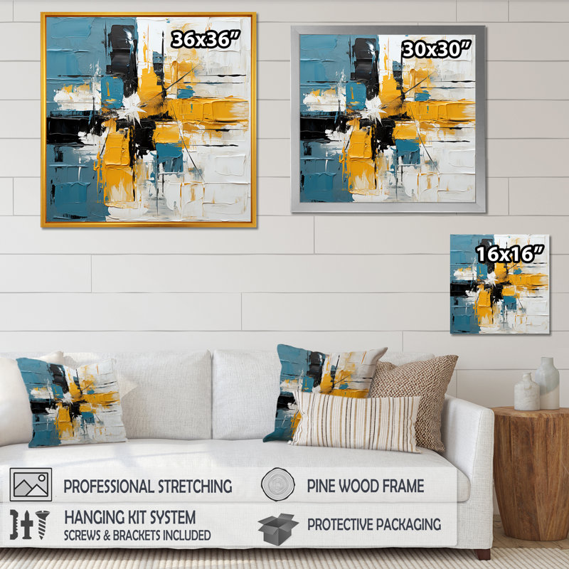 «Blue and Yellow Paint Elegance I», reproduction d'art murale abstraite, Cadre simple noir, H 16 po x l 16 po x P 1 po