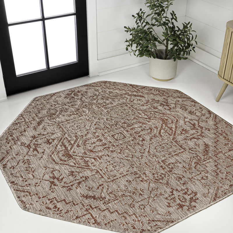 Truman Bohemian Medallion Textured Weave Red/Taupe Indoor/Outdoor Rug, Octagon 5'3"