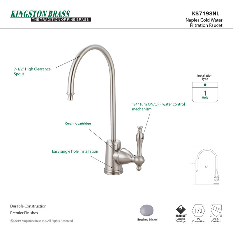 Kingston Brass Naples Single-Handle 1-Hole Deck Mount Water Filtration Faucet, Brushed Nickel