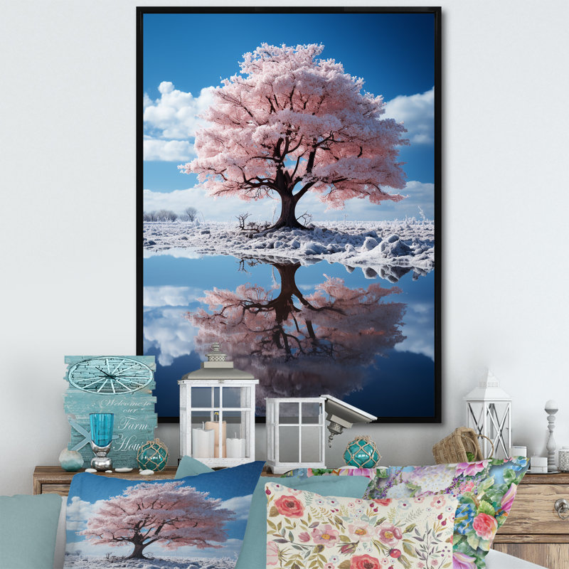 Dariush " Pink Tree Whimsical Reflections ", H 40 po x l 30 po x P 1,5 po, Cadre flottant noir