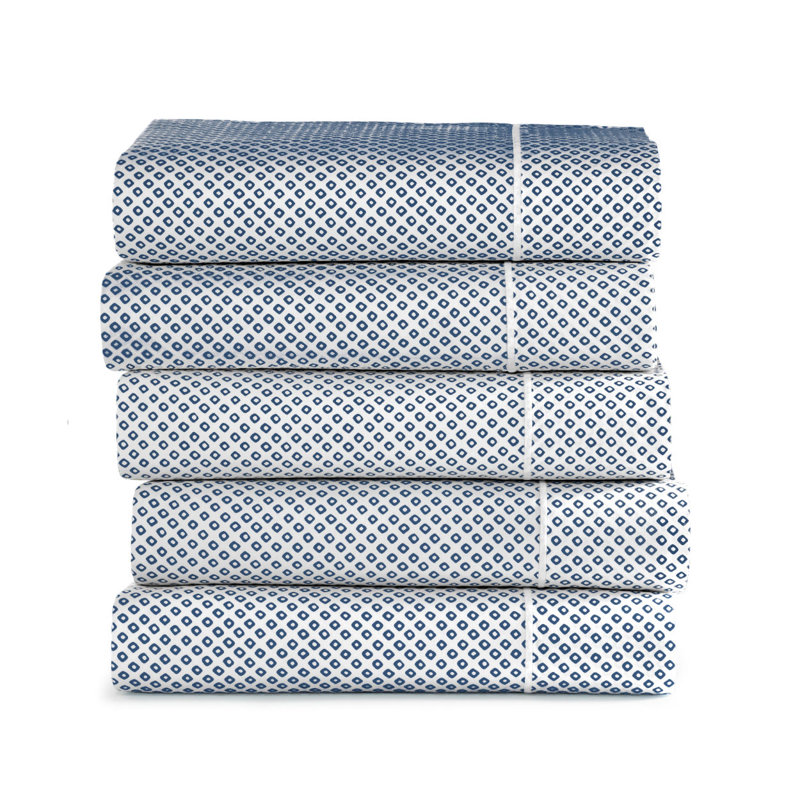 Emma 300 Thread Count Geometric Egyptian-Quality Cotton Sateen Fitted Sheet, Queen Fitted Sheet, Blue