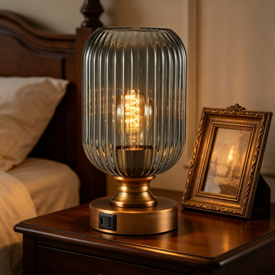 Mid Century Glass Table Lamp with Dimmable LED Bulb, Touch Control, USB A+C Charging Port, Smoky Grey Ribbed Glass Shade, E26 Socket, UL Certified