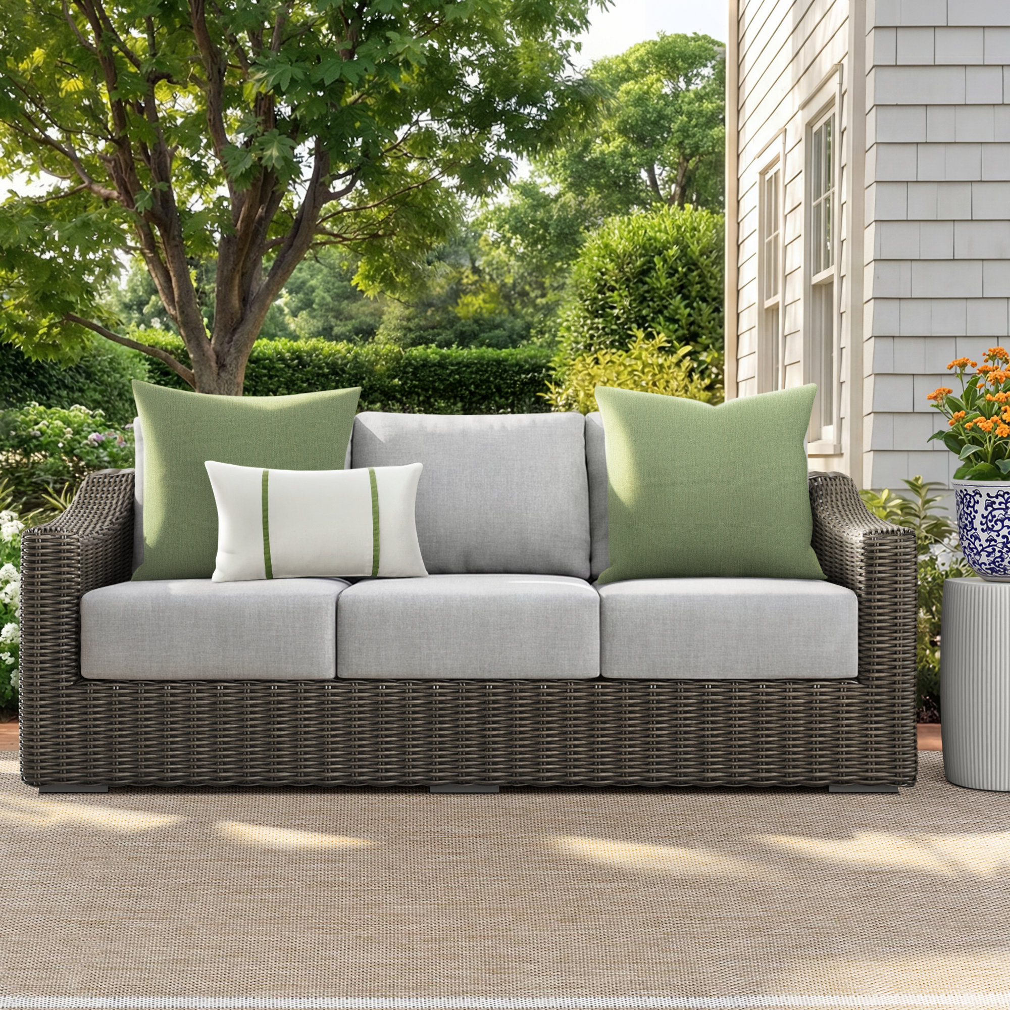 Damyanti 92.1'' Wide Straight Wicker Patio Sofa with Cushions, Light Gray