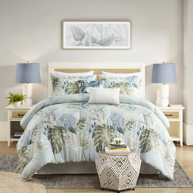 Édredon bleu 6 pièces avec coussin décoratif - literie à imprimé tropical pour un abri côtier tranquille