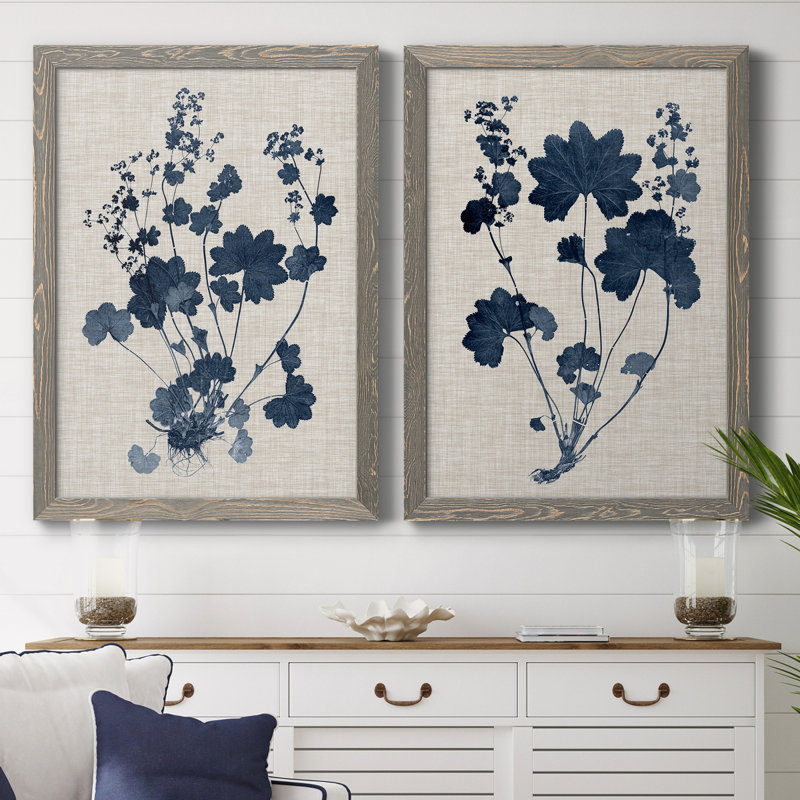 Bleu marine et feuilles de lin II, toile encadrée de qualité supérieure - prête à être accrochée, Toile avec cadre gris