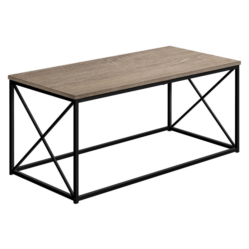 Table basse élégante avec plateau rectangulaire en stratifié taupe et piètement en métal noir, structure de plateau contemporaine pour salon.