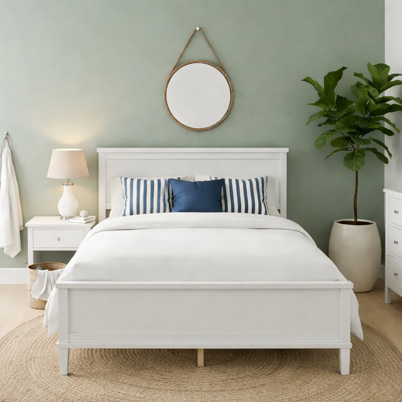 Solid wood platform bed with headboard and slat supports, Full, White