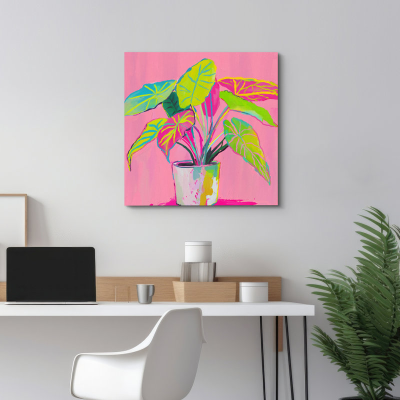 Plante verte sur fond rose, images lumineuses, H 12 po x l 12 po, Toile tendue