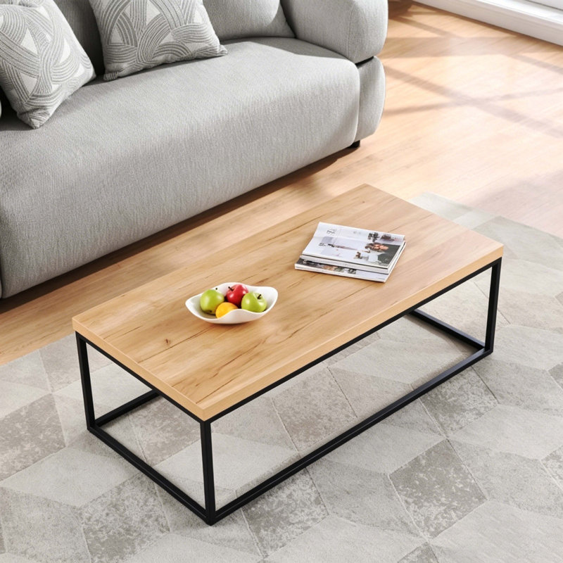 47" Modern Industrial Coffee Table, Natural White Oak Finish With Heavy-Duty Black Metal Frame, Rectangular Living Room Centre Table