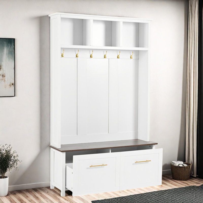 Versatile 4-in-1 Hall Tree with Hooks, Bench, Storage, and Drawers - 76.6''H, White